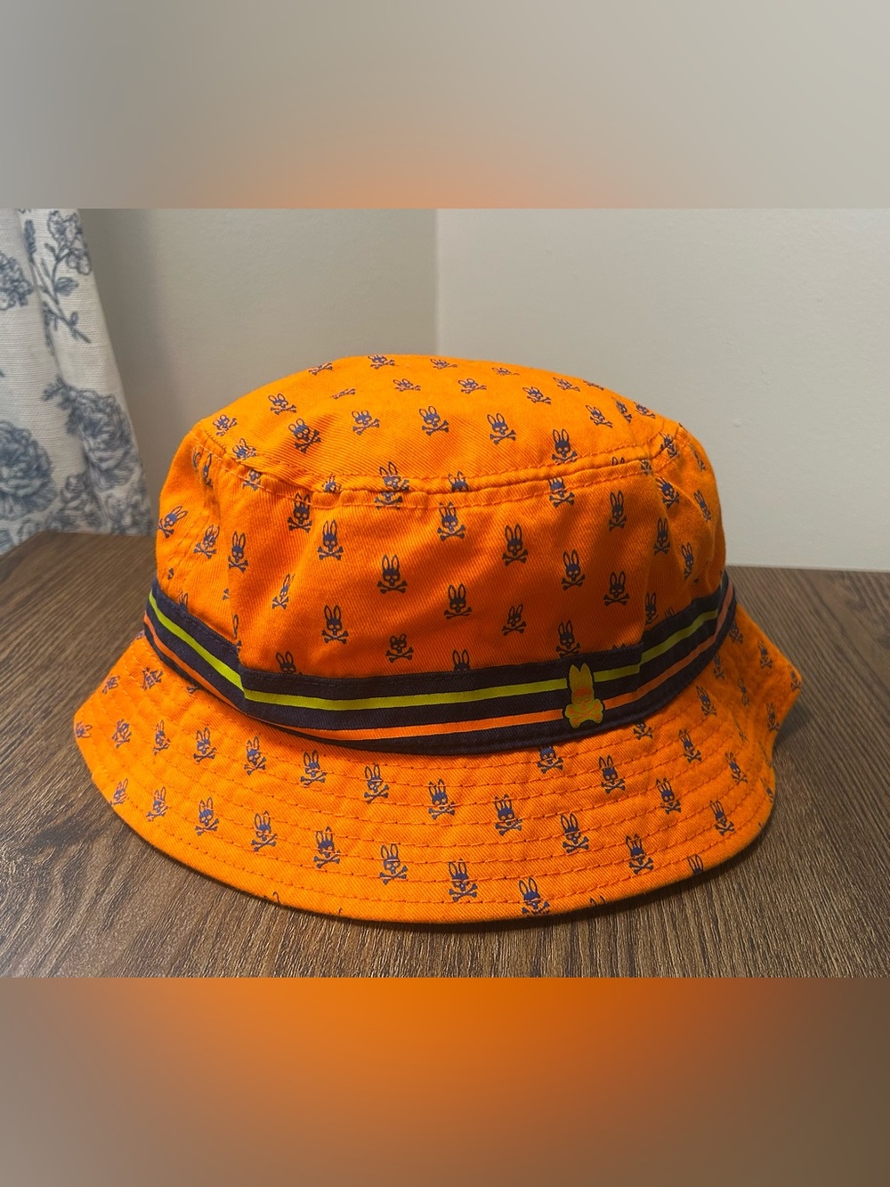Orange Psycho Bunny Bucket Hat w/ All Over Skull & Crossbones Bunny Print
